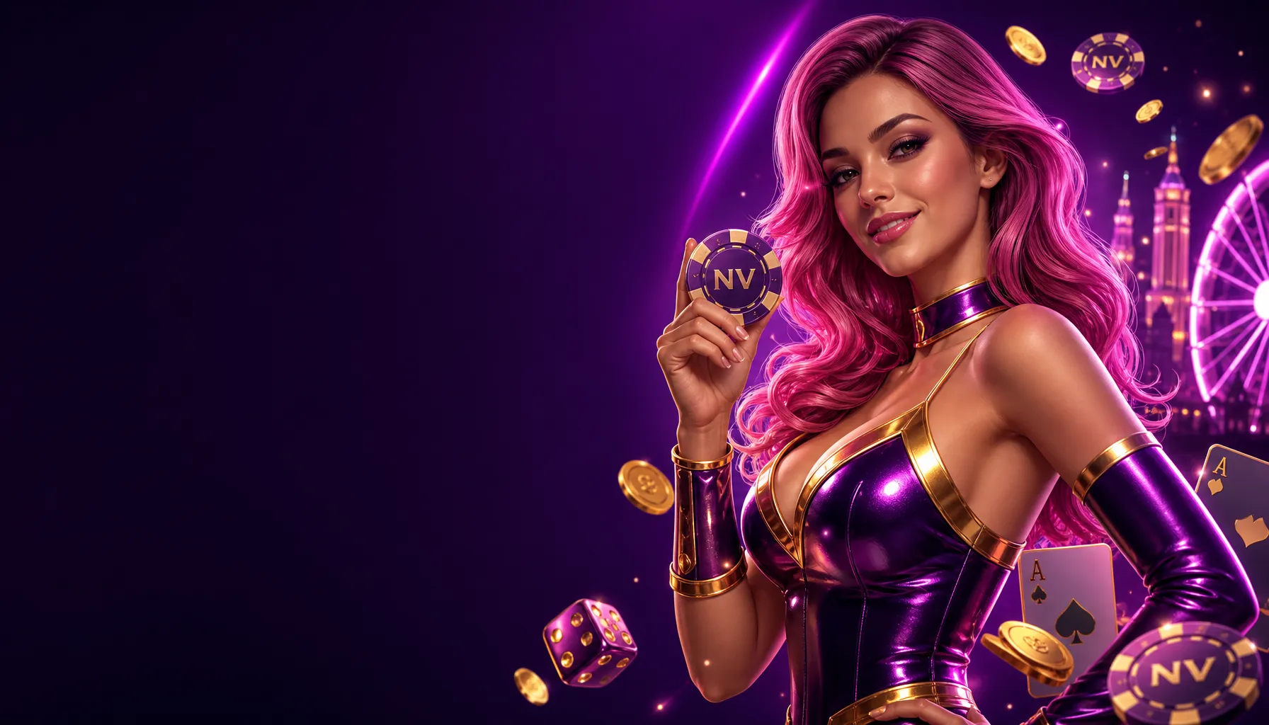 Promotional banner for NV Casino featuring stylish 3D CGI hostess with neon colors and casino elements on brand gradient back