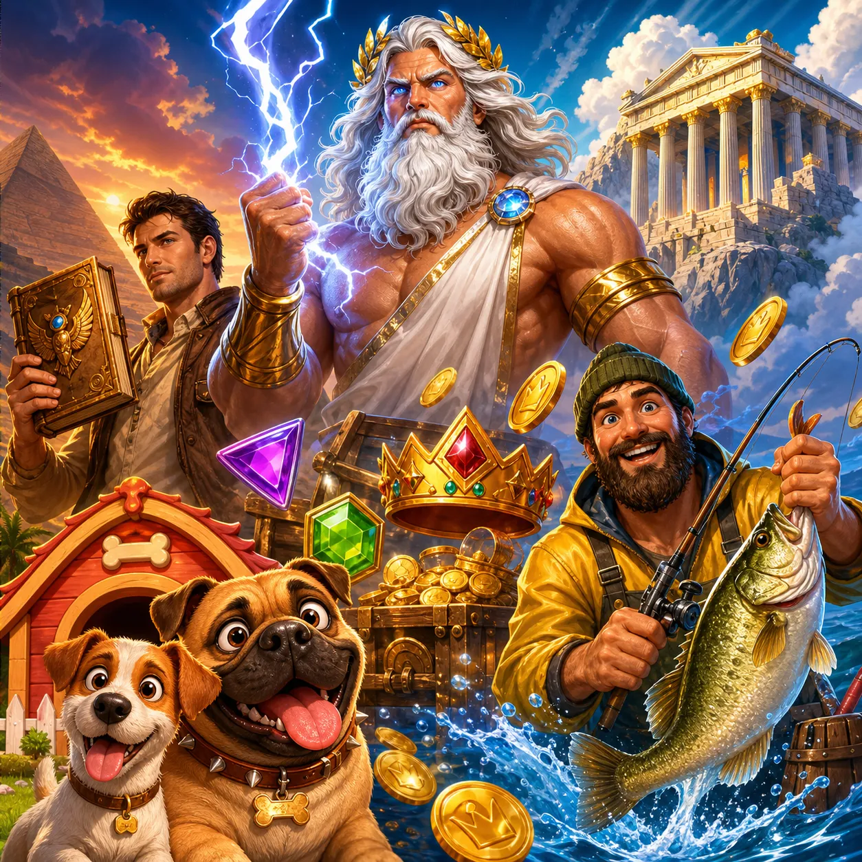 High-quality slot game artwork featuring dynamic characters and vibrant fantasy environments.